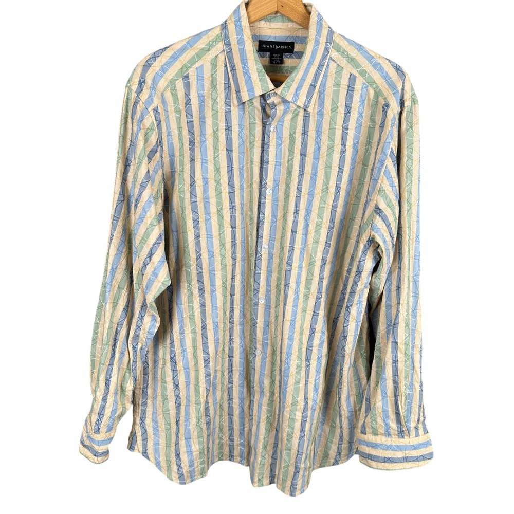 Jhane Barnes Men XL Silk Cotton Striped Embroidered Button Down Shirt Blue Green
